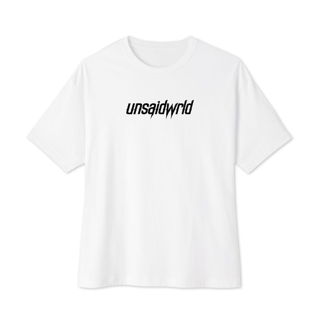 White oversized boxy tee, front view, with the unsaidwrld logo printed on the upper chest
