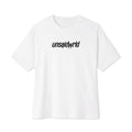 White oversized boxy tee, front view, with the unsaidwrld logo printed on the upper chest