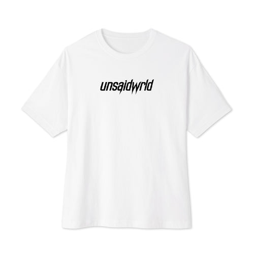 White oversized boxy tee, front view, with the unsaidwrld logo printed on the upper chest